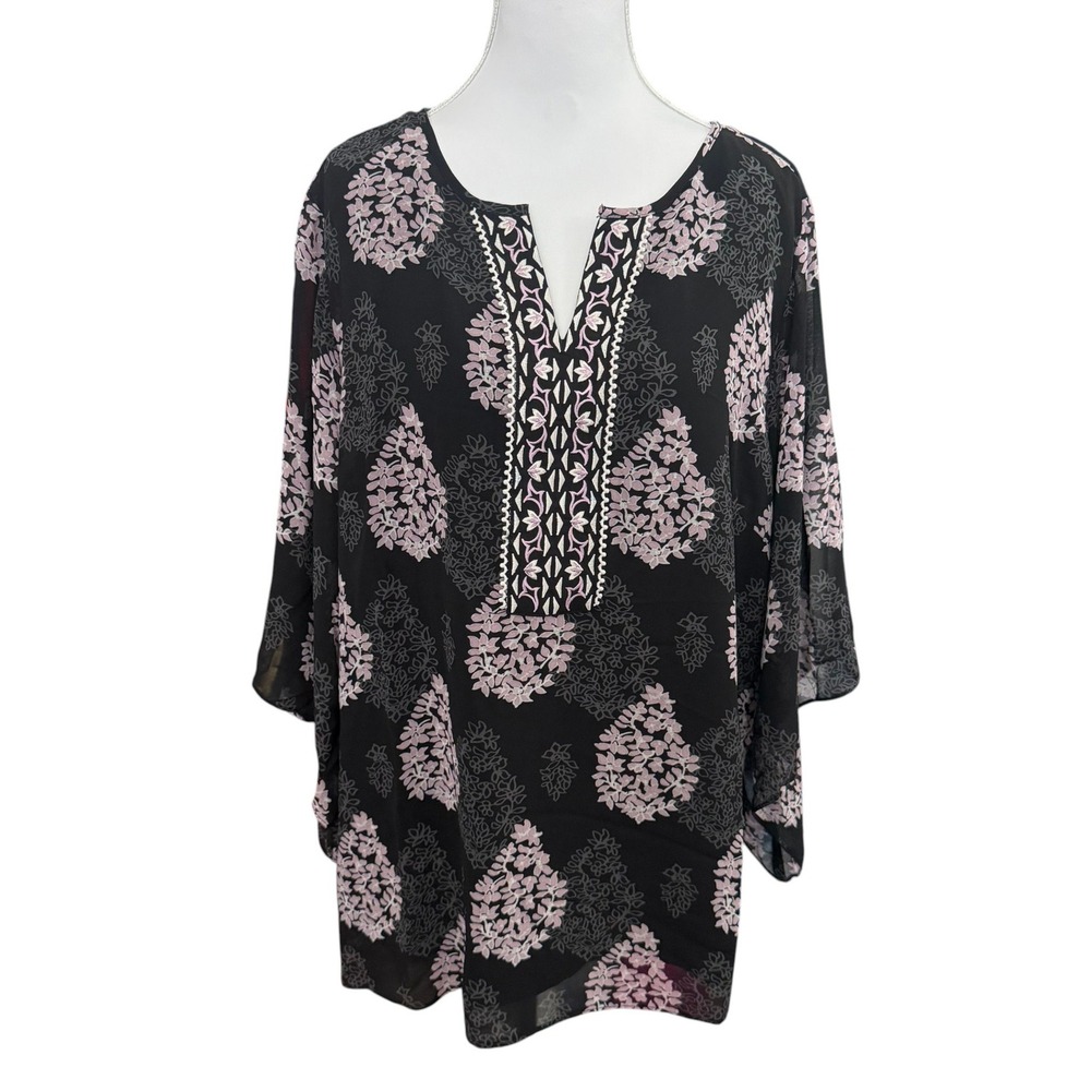 Belle by Kim Gravel Top L Black 3/4 Sleeve Lightweight Chiffon Boho Resortwear